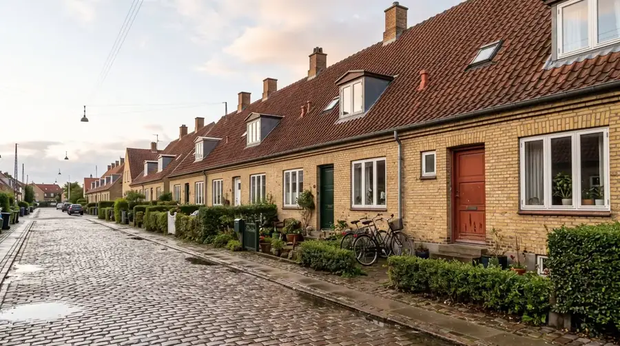 Række af kædehuse i gul mursten